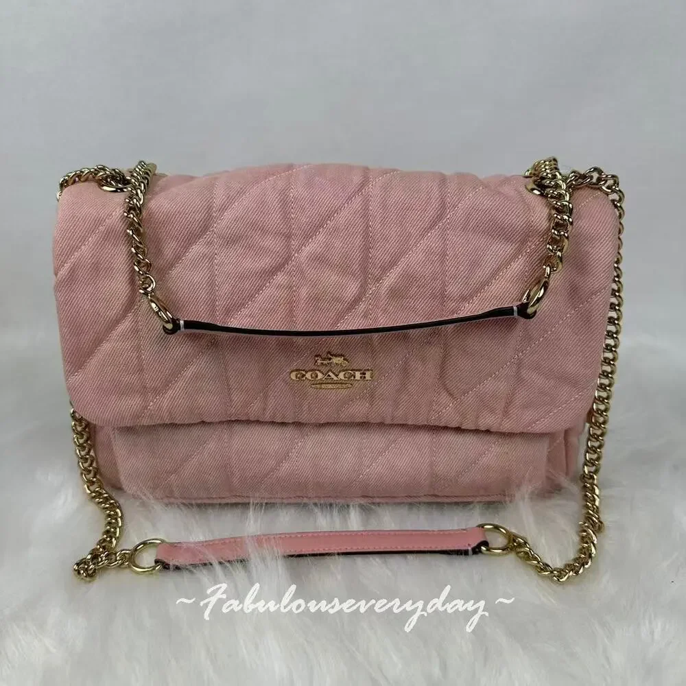 Coach Elodie Crossbody Bag In Loved Denim With Quilting CER78 Gold/Light Pink